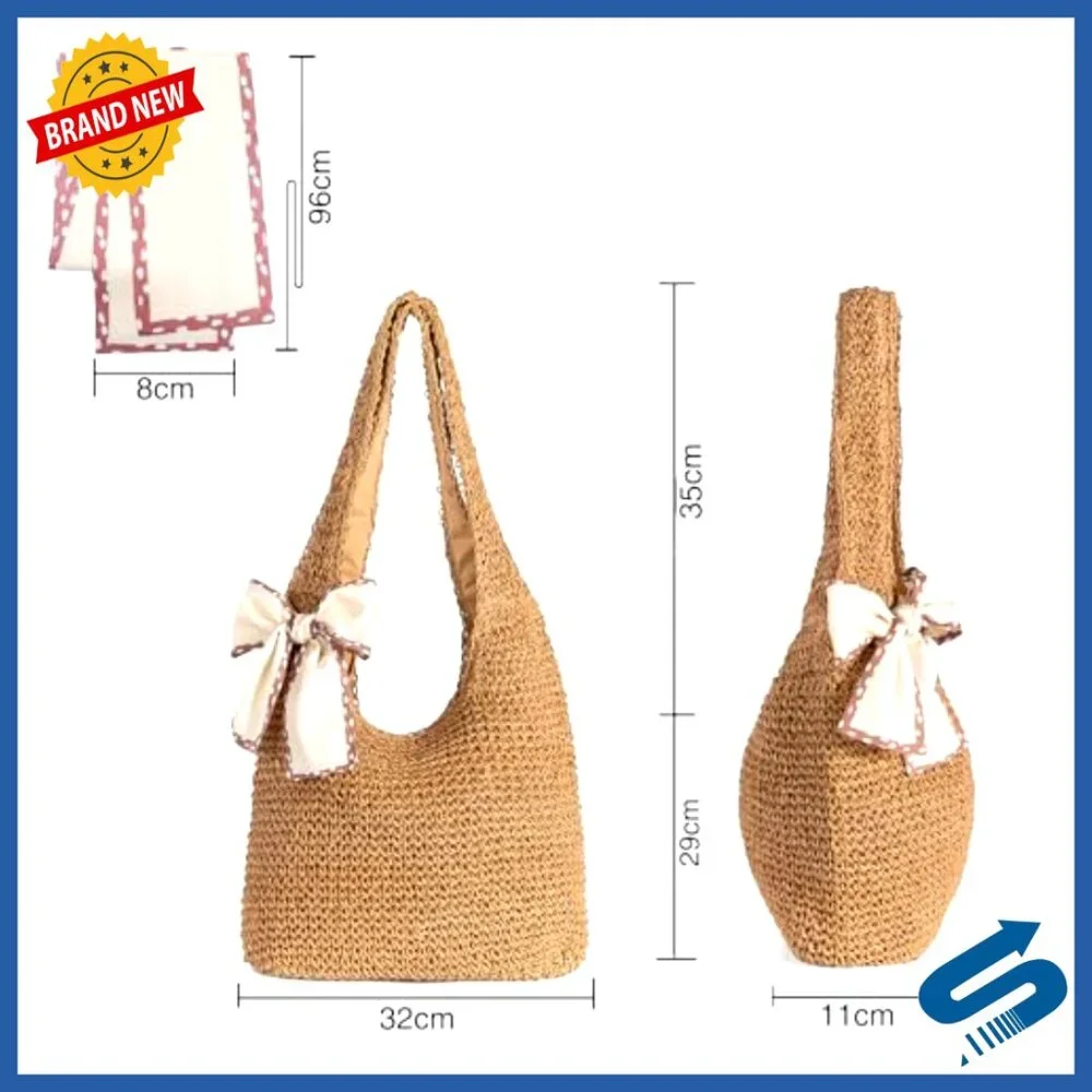 Large Handwoven Straw Tote Bag for Women, Summer Beach Purse with Zipper